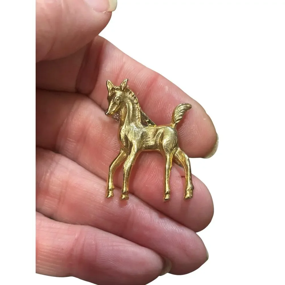 Vintage Gold Foal Horse Brooch Prancing Colt Equestrian Mid Century Repaired